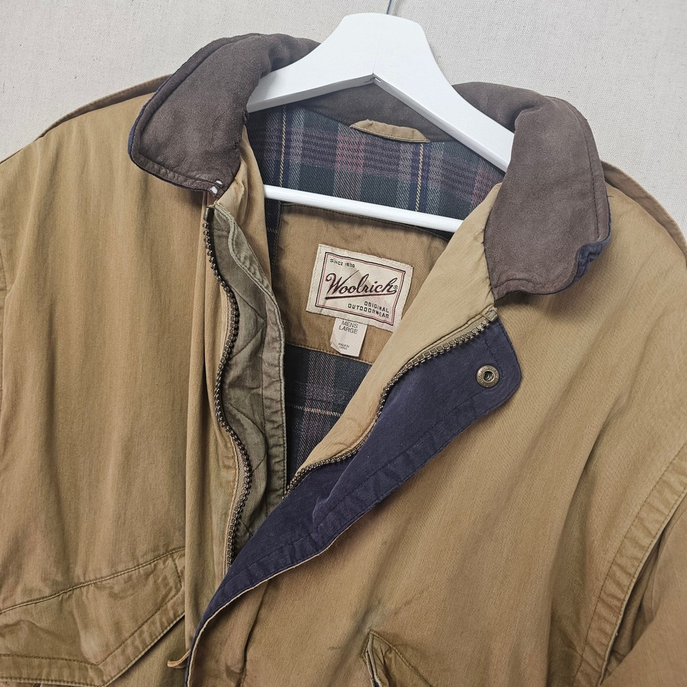 Woolrich Bomber Jacket Mens Large Tan Fair Distressed Canvas Plaid Lined 15043
